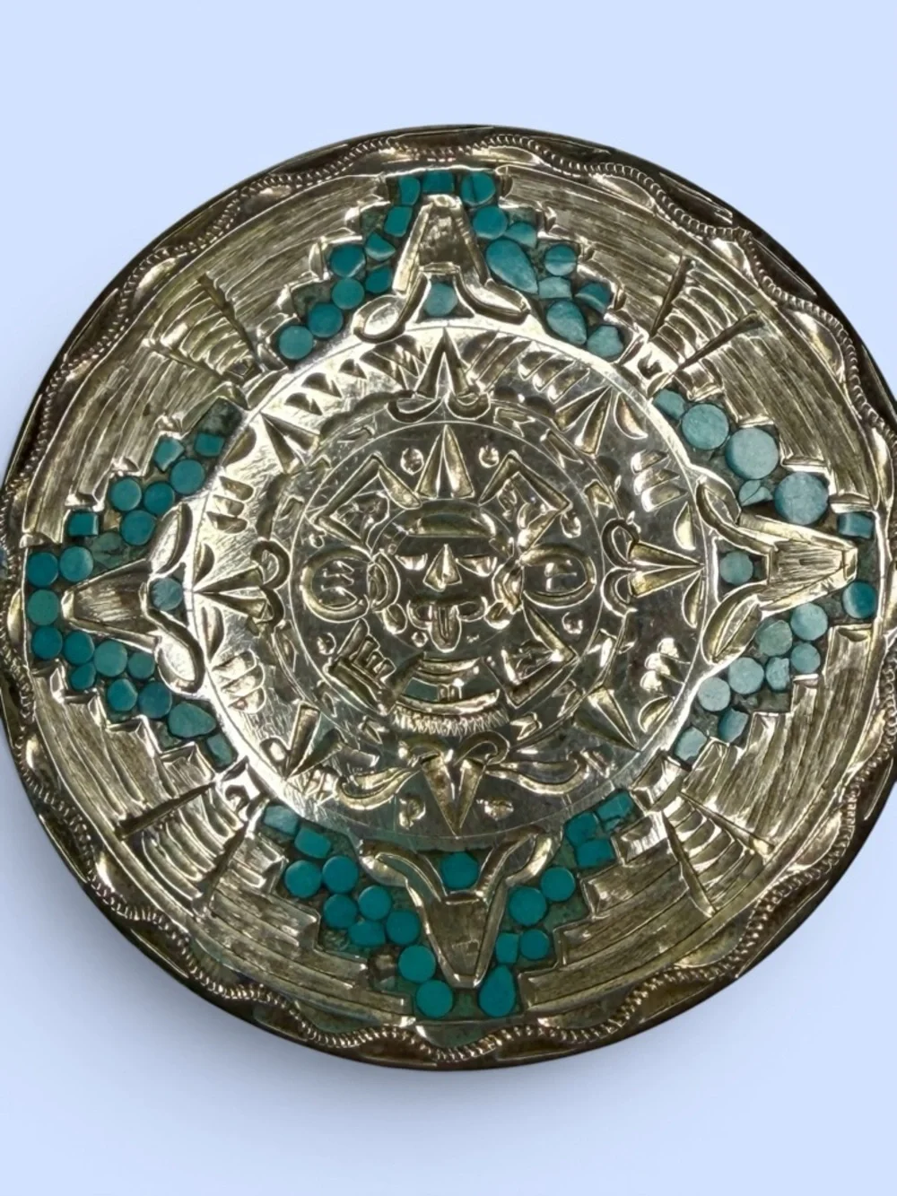Mexico .925 Sterling Turquoise Inlay Brooch Pendant Aztec Sun God Marked JFG VTG - Picture 2 of 6